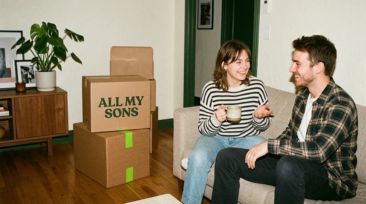 Candid lifestyle photography of two friendly young adults sitting together in a warm, modern apartment living room, represent