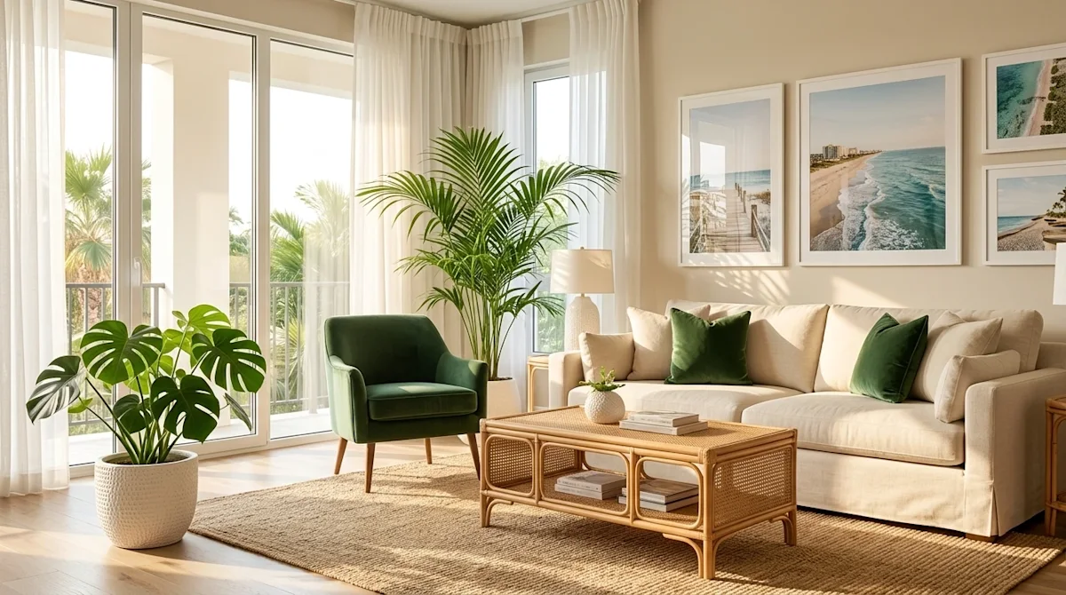 Professional marketing photography of a beautifully designed, coastal-chic living room in West Palm Beach, Florida. The inter