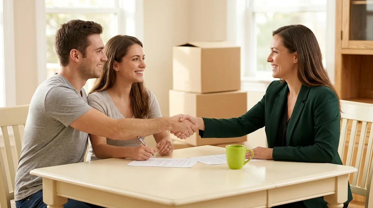 Clear, professional marketing photography of a relieved couple shaking hands with a real estate agent across a cream-colored