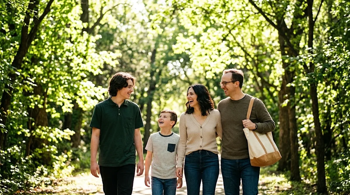 Professional marketing photography of a happy family enjoying outdoor activities on a sunny day in an Oklahoma City park. The