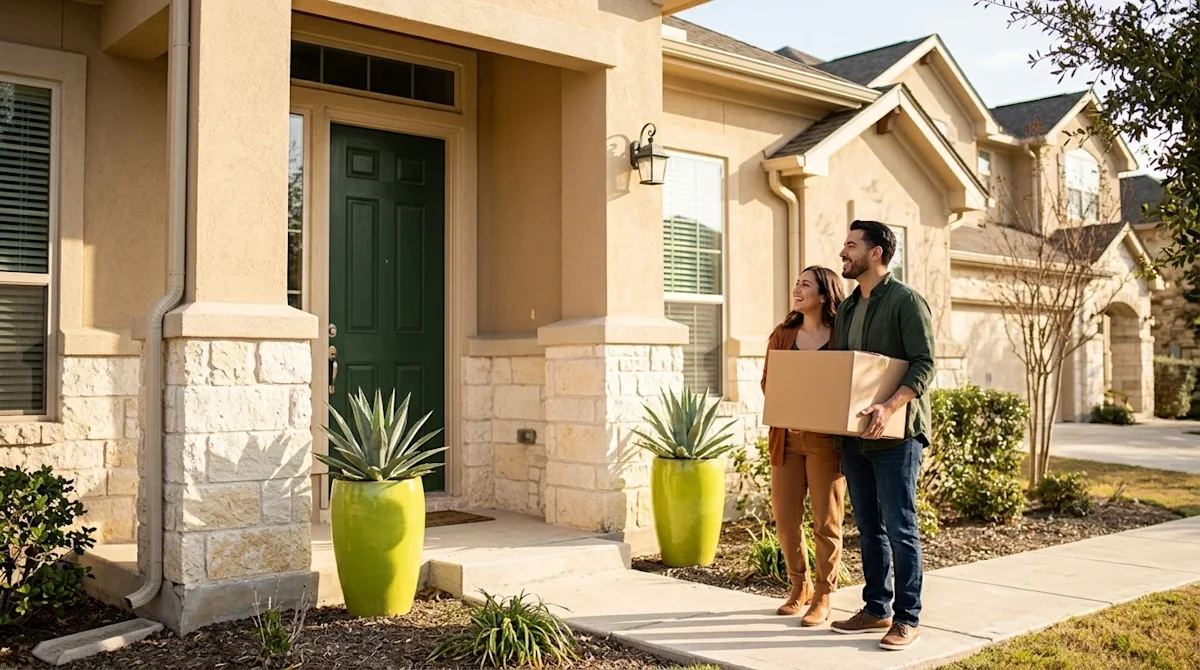 Professional marketing photography of a charming residential home in San Antonio, Texas. The house features characteristic wa