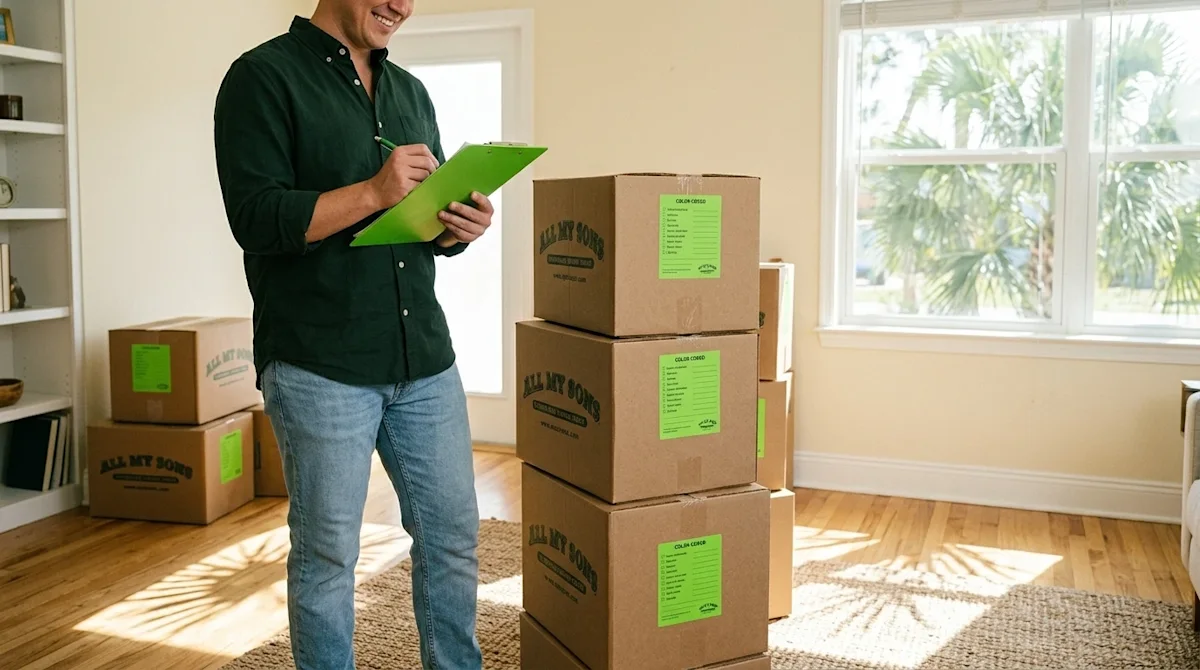 Clear, professional marketing lifestyle photography of a stress-free moving and packing scene. A relaxed, smiling adult stand