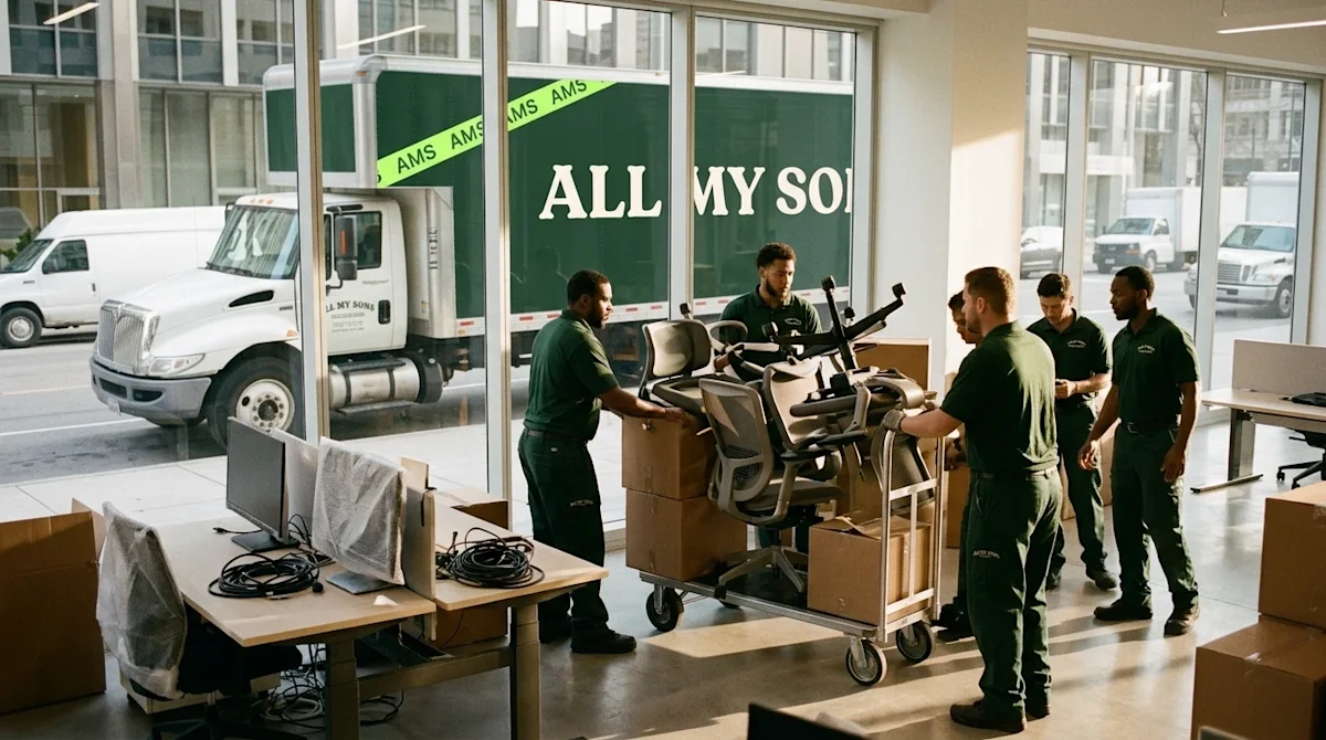 Documentary-style photography of a professional office move in progress. Movers wearing dark forest green uniform shirts are