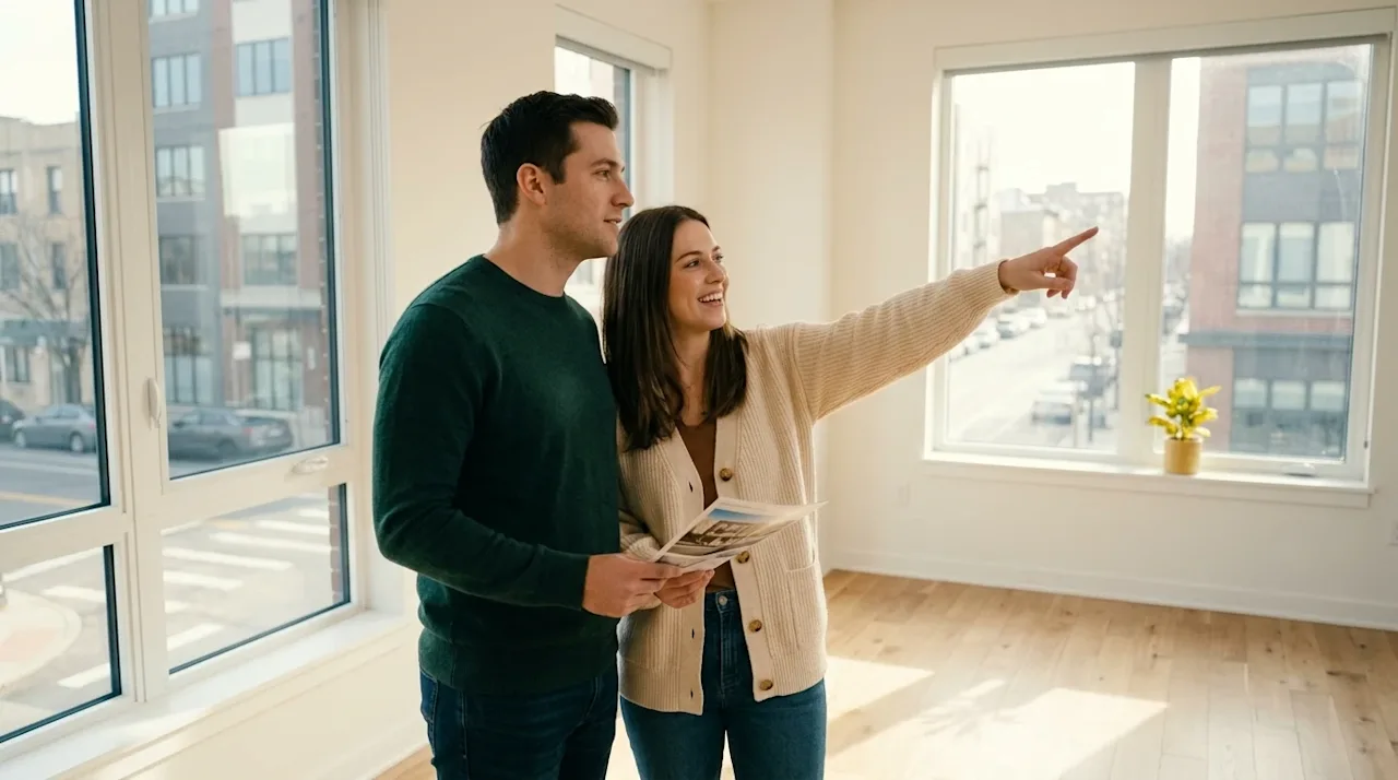 Professional marketing photography, a candid lifestyle shot of a hopeful young couple standing in an empty, bright modern con