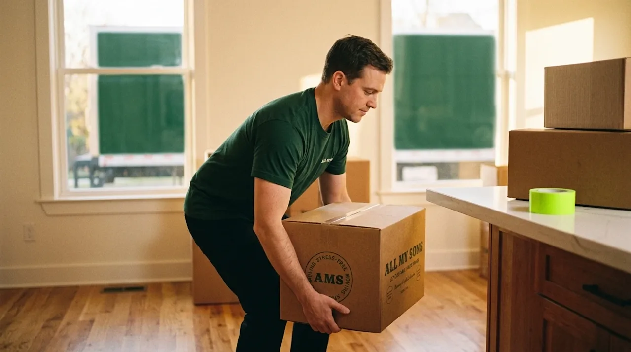 A candid 35mm film photograph of a professional mover demonstrating proper safe lifting technique to prevent injuries. The mo