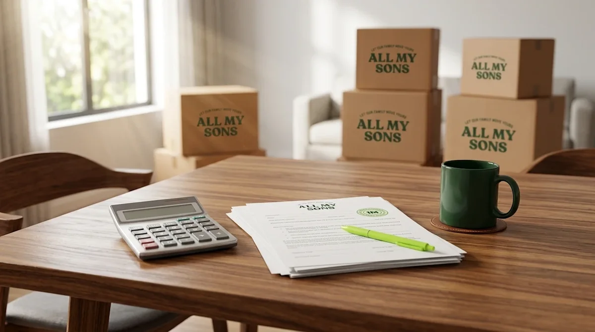 High-quality lifestyle photography. A close-up shot of a modern wooden dining table focusing on the concept of home moving fi