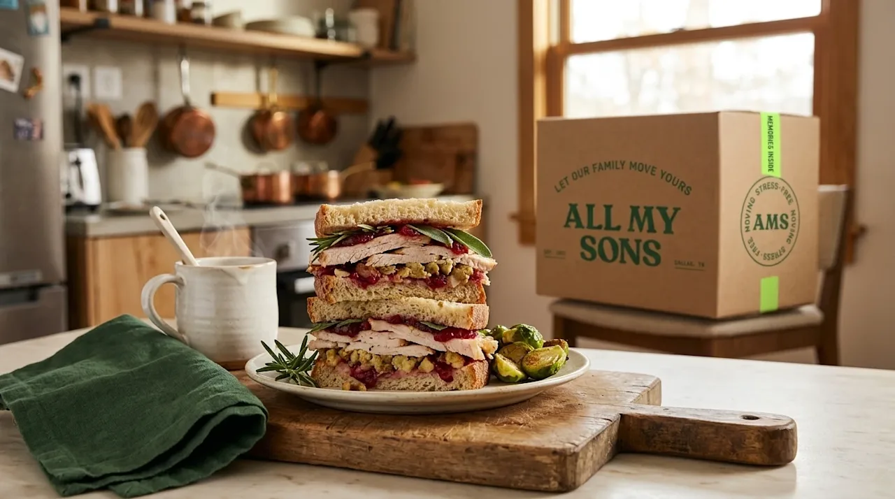 Professional marketing food photography of a mouth-watering meal made from Christmas leftovers, featuring a hearty thick-slic