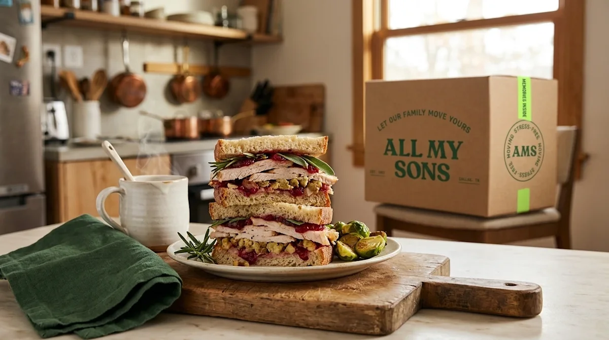Professional marketing food photography of a mouth-watering meal made from Christmas leftovers, featuring a hearty thick-slic