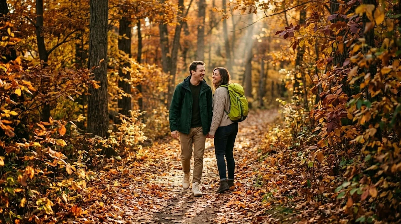 Lifestyle photography of a happy couple enjoying a scenic autumn hiking trail in Columbus, Ohio. The environment is vibrant w