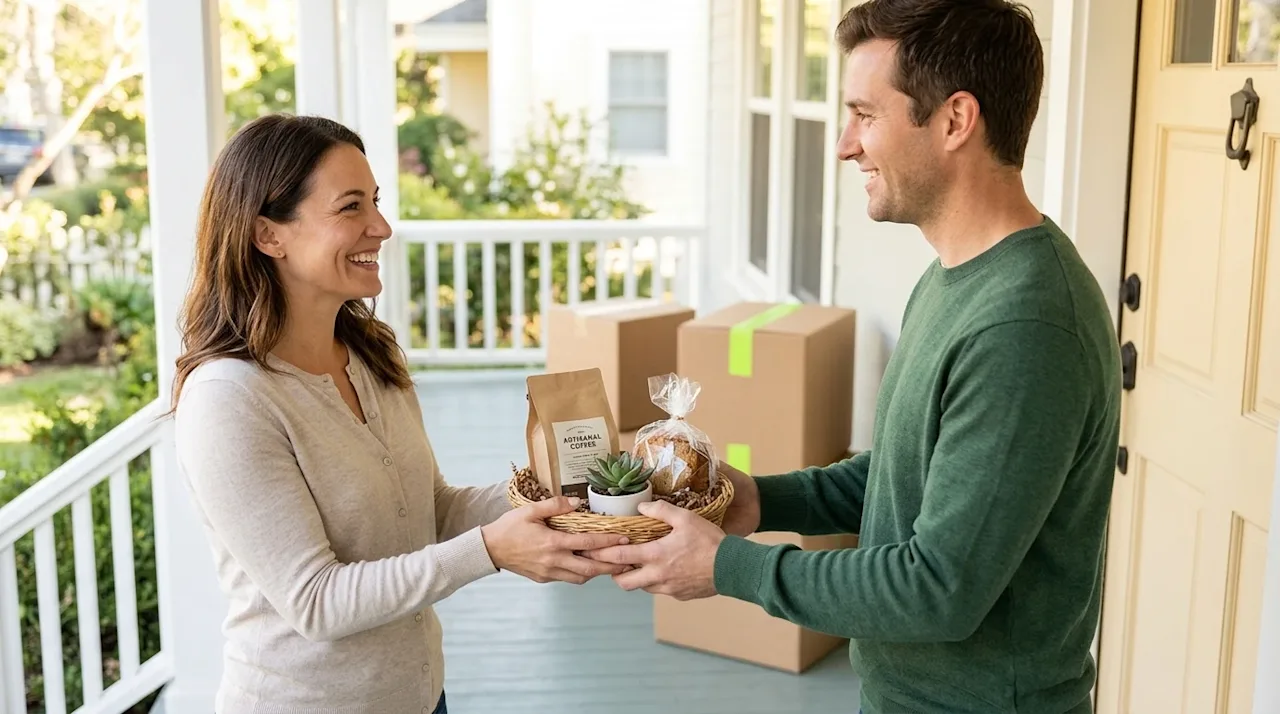 Professional lifestyle marketing photography of a heartwarming moment between two friendly neighbors on a bright suburban fro
