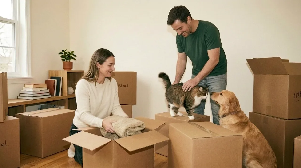 A candid, vintage-style lifestyle photograph of a happy couple easily and joyfully packing their home for a relocation. They