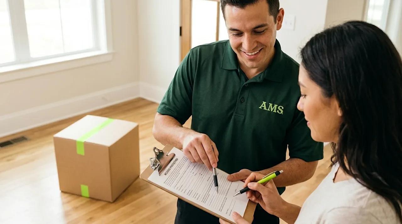 Clear, professional marketing photography of a friendly mover in a dark forest green polo shirt reviewing a document on a cli