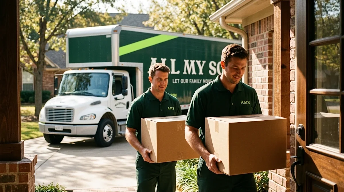 A candid, realistic 35mm film photograph illustrating a full-service moving day. Two friendly professional movers wearing dar