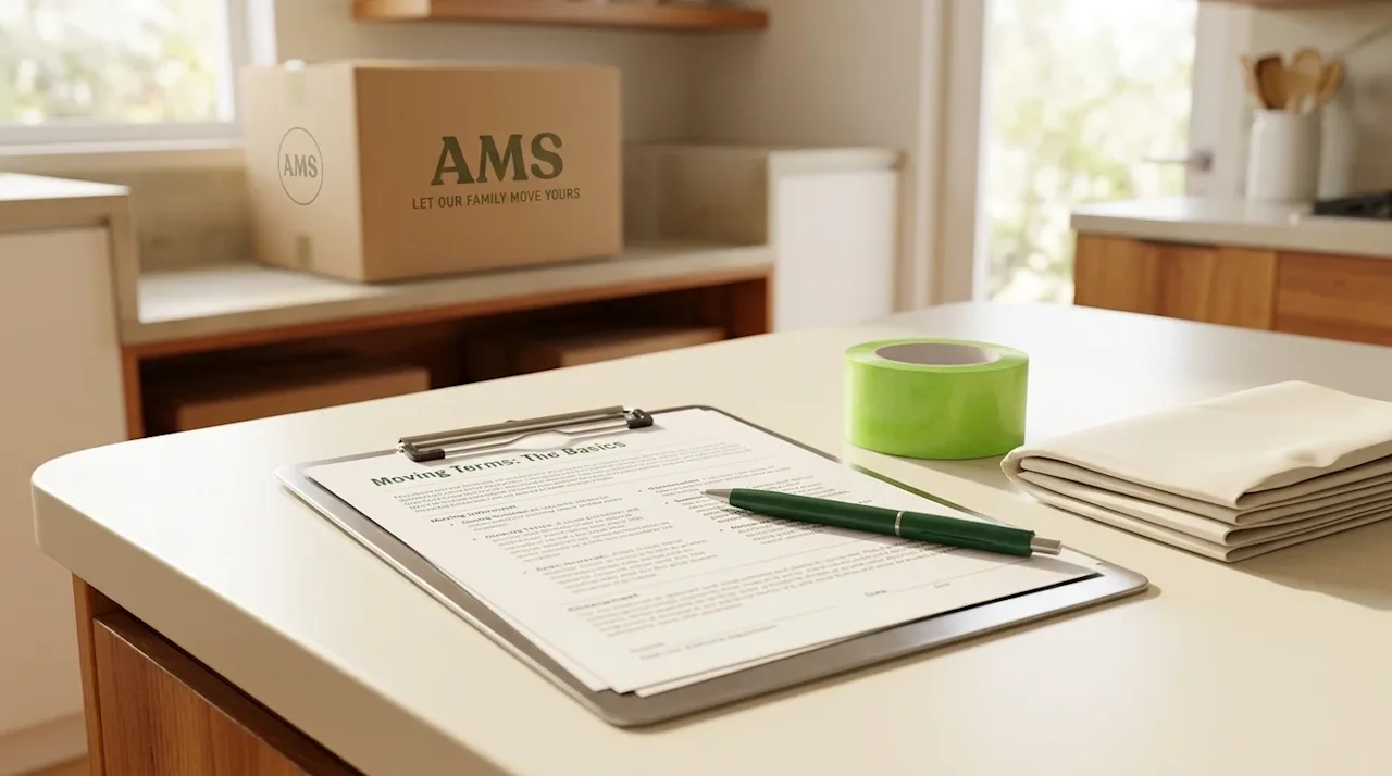 Professional marketing lifestyle photography. A close-up, angled shot of an organized moving preparation scene on a light cre