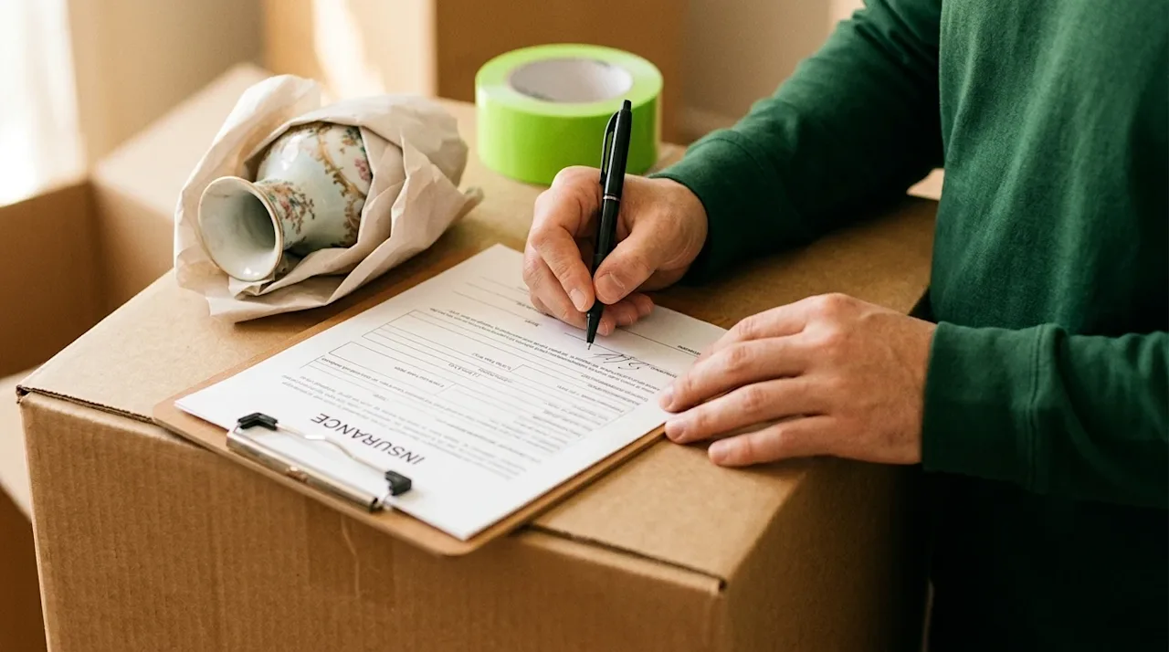 A candid, warm lifestyle photograph serving as a blog hero image about moving insurance. A close-up, slightly high-angle shot