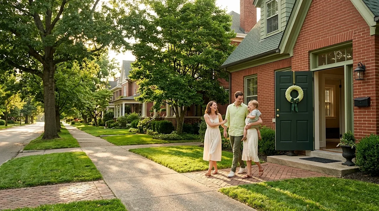 Professional marketing photography of a beautiful, welcoming tree-lined residential street in a historic Louisville neighborh