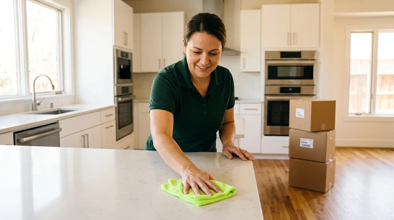 Candid, documentary-style photography of a professional cleaner wiping down the pristine counters of a modern, bright kitchen
