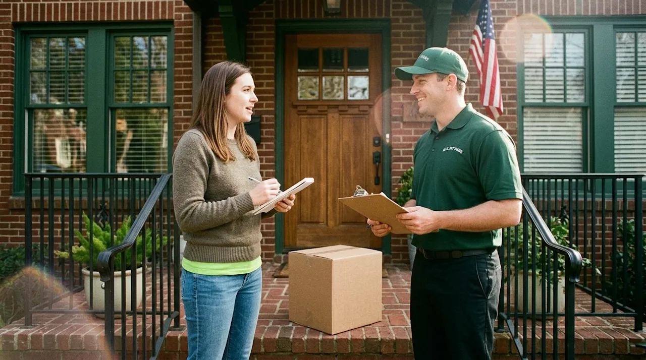 Candid 35mm film photography of a young homeowner standing on the front porch of a charming Nashville brick home, holding a n