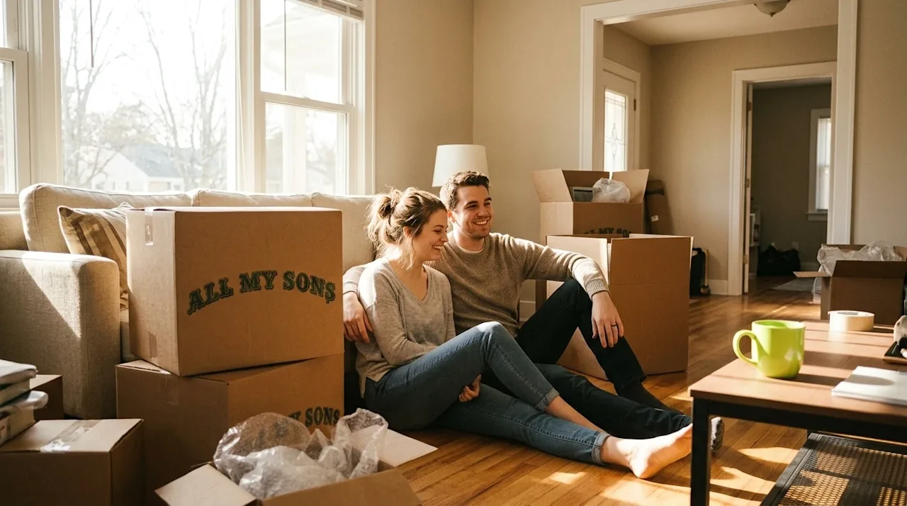 Candid lifestyle photography of a smiling couple relaxing on the floor of their new home, taking a break from unpacking. The
