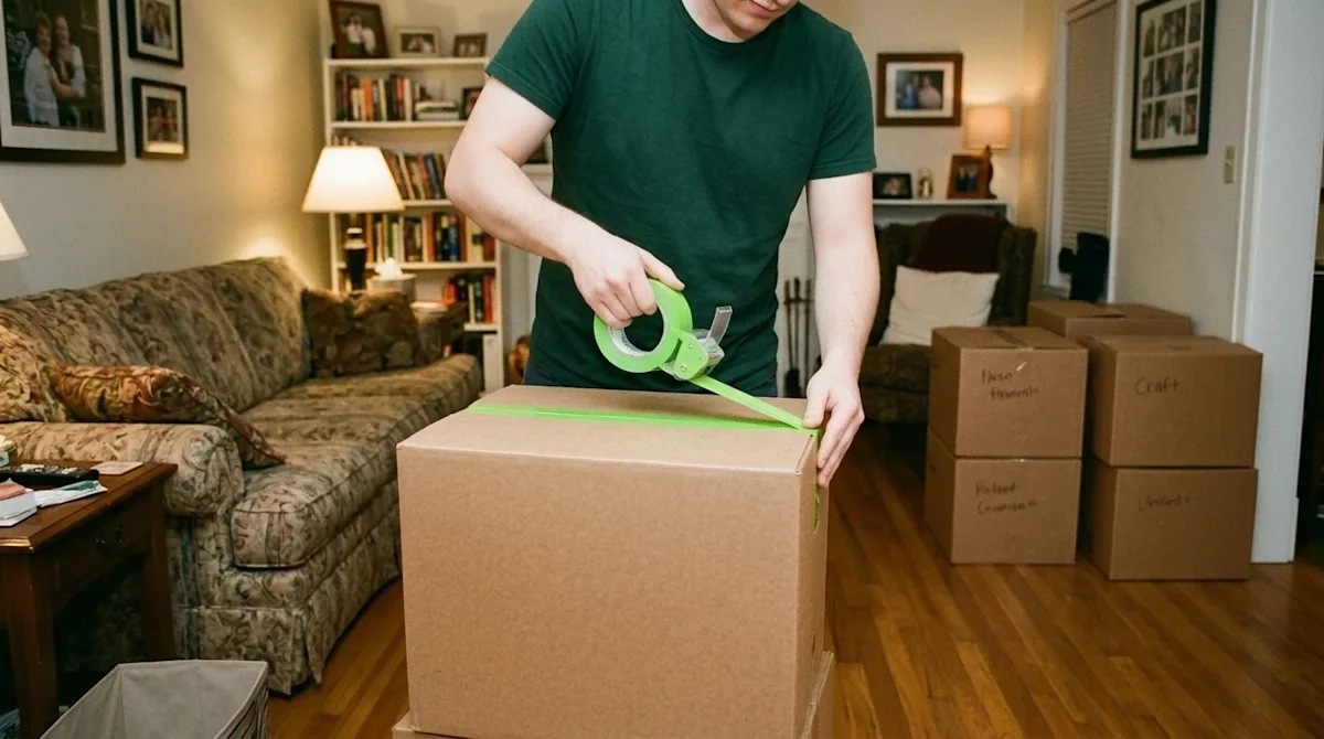 Candid 35mm film photography of a person in a cozy, lived-in living room efficiently packing household items into a craft bro