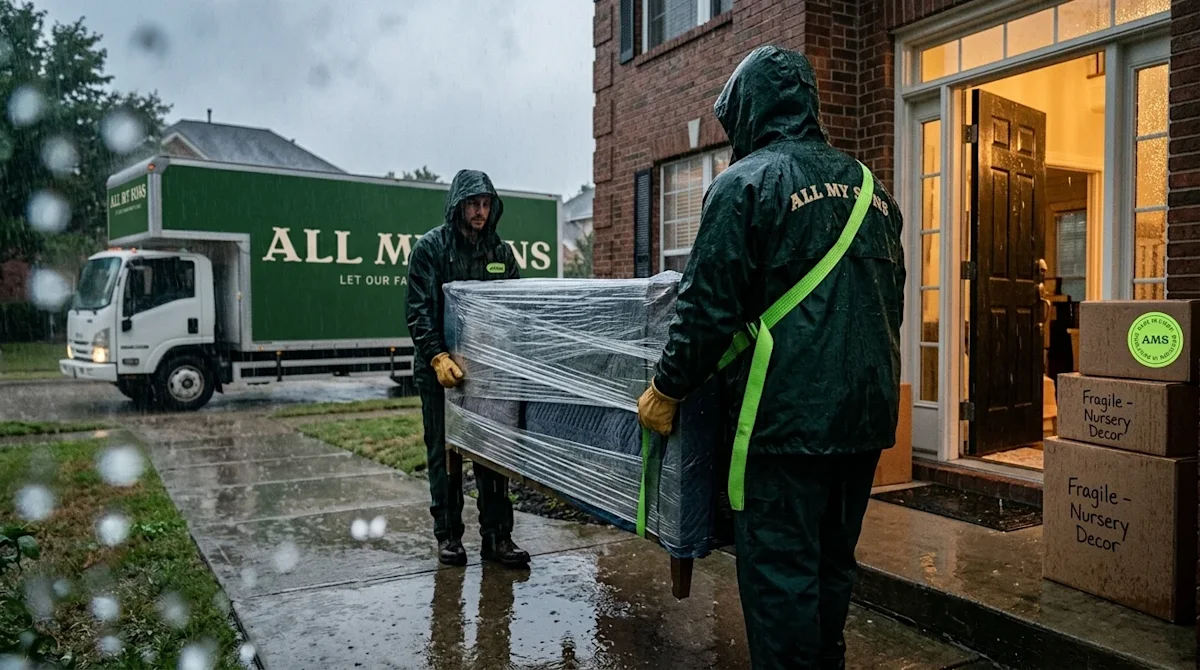 Photorealistic cinematic photography of a residential moving day during a heavy rainstorm. Two professional movers wearing da