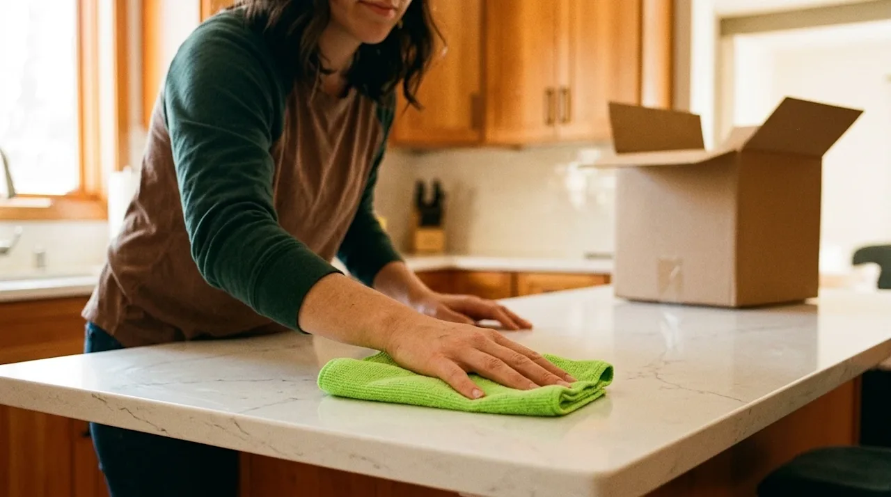 A candid, analog-style photograph of a person cleaning a home, specifically focusing on wiping down a high-touch surface like