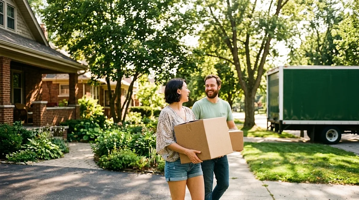 Candid, high-quality lifestyle photography of a happy, relaxed couple arriving at their new midwestern suburban home on a bri