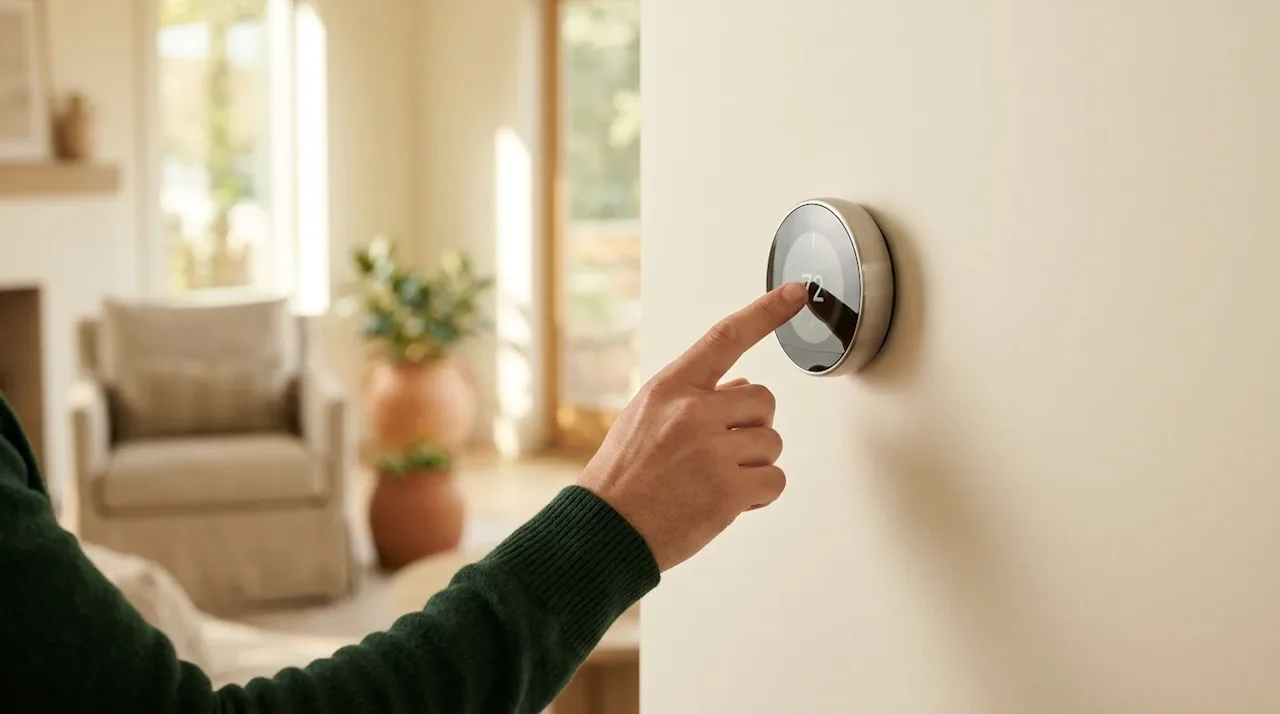 A person in a dark green sweater adjusts a modern wall-mounted thermostat in a cozy, well-lit home living space.