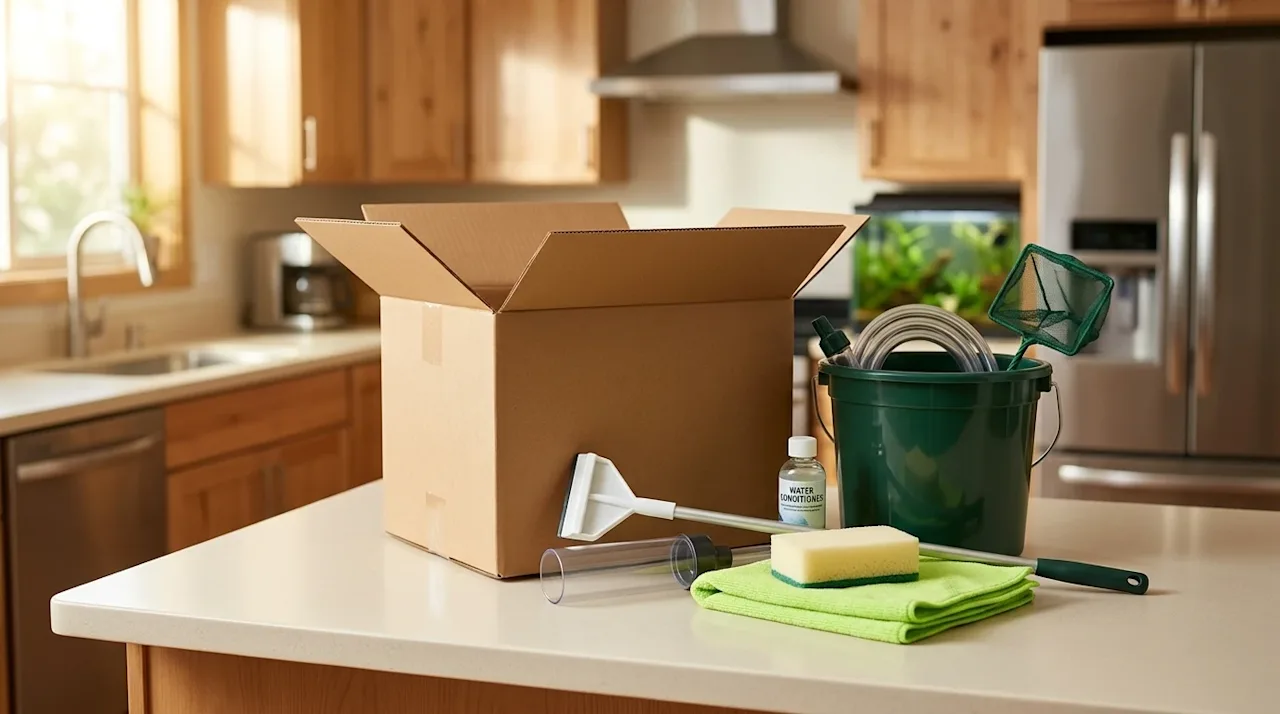Professional marketing photography of aquarium cleaning supplies neatly arranged in preparation for a move. The scene is set