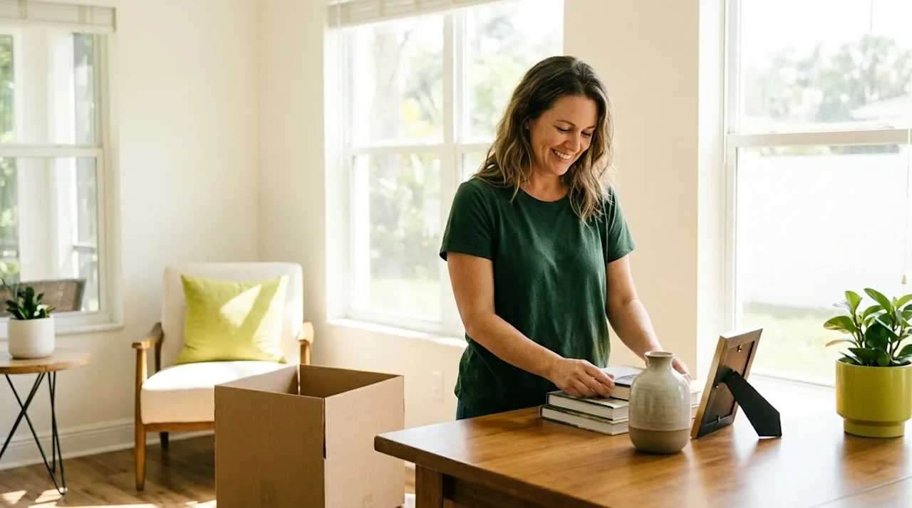 A candid, professional marketing lifestyle photograph of an adult woman in a bright, airy sunlit living room, happily declutt