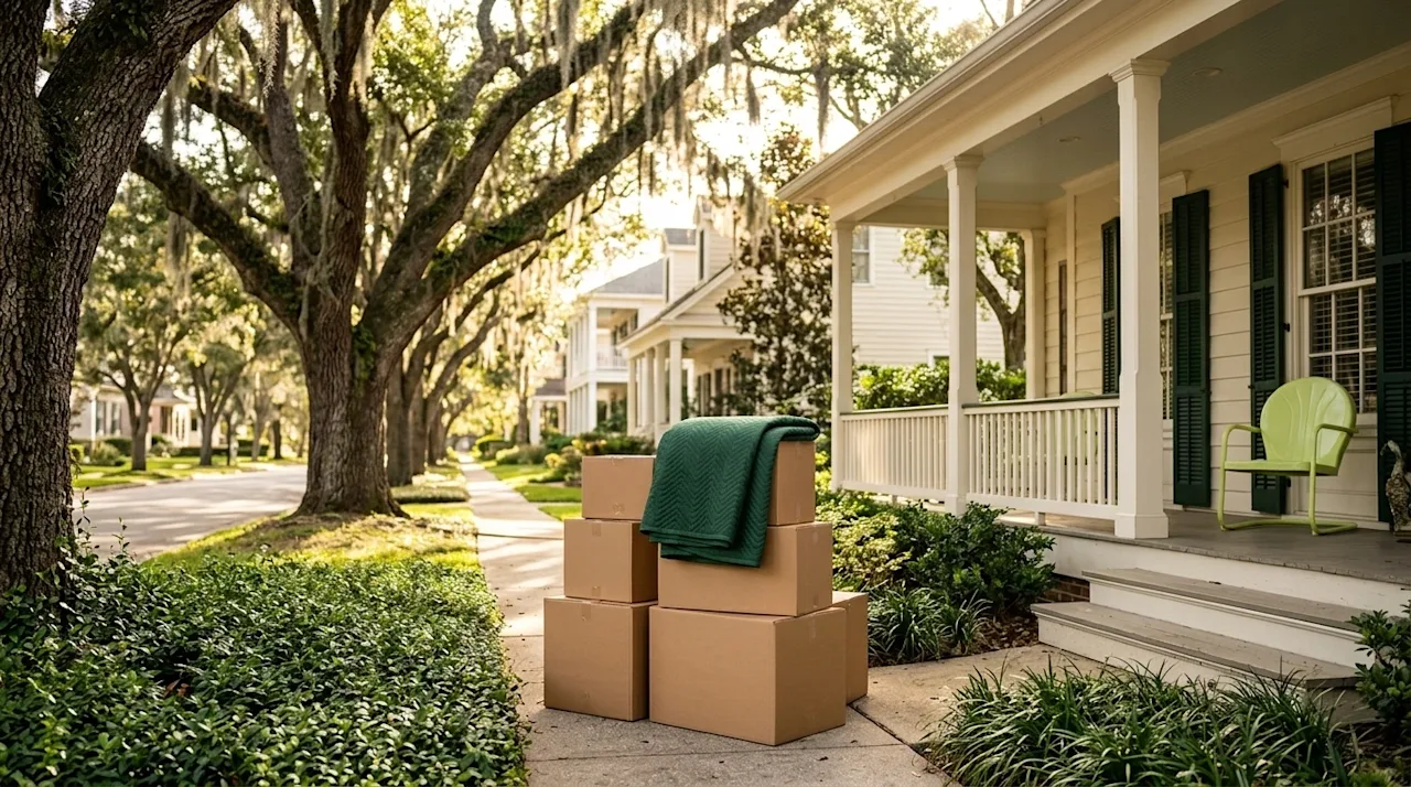 A photorealistic lifestyle photograph of a beautiful, welcoming residential neighborhood in Baton Rouge, Louisiana. The scene