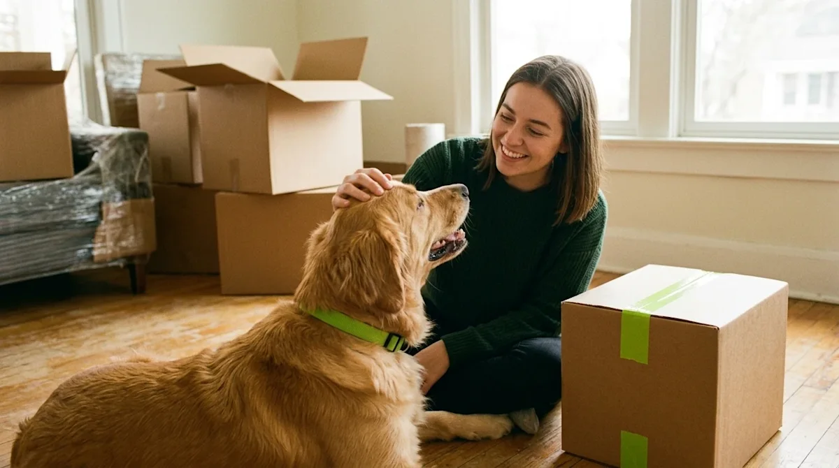 Candid lifestyle photography of a happy family moving into a new home with their pet. A young woman in a dark forest green ca