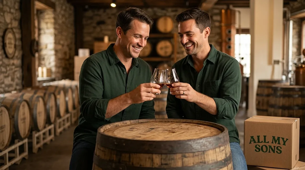 Professional marketing lifestyle photography of a smiling couple enjoying a bourbon tasting inside a warm, rustic Louisville