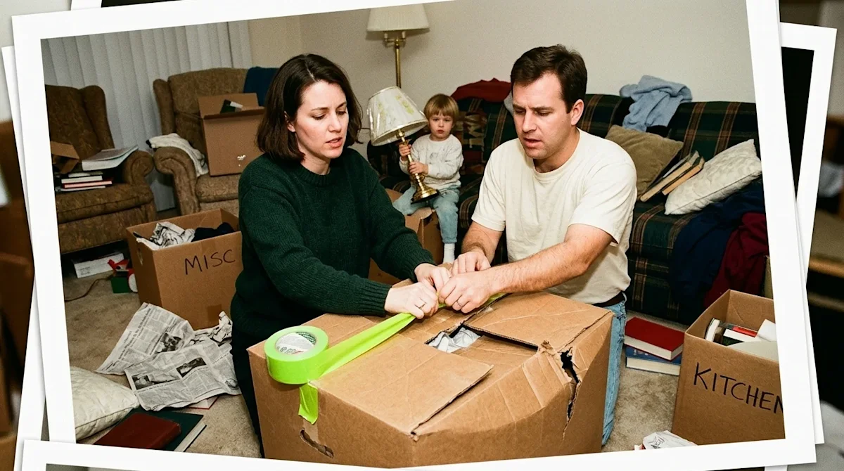 A candid, photorealistic 35mm film photograph of a slightly overwhelmed family in their living room, struggling with common p