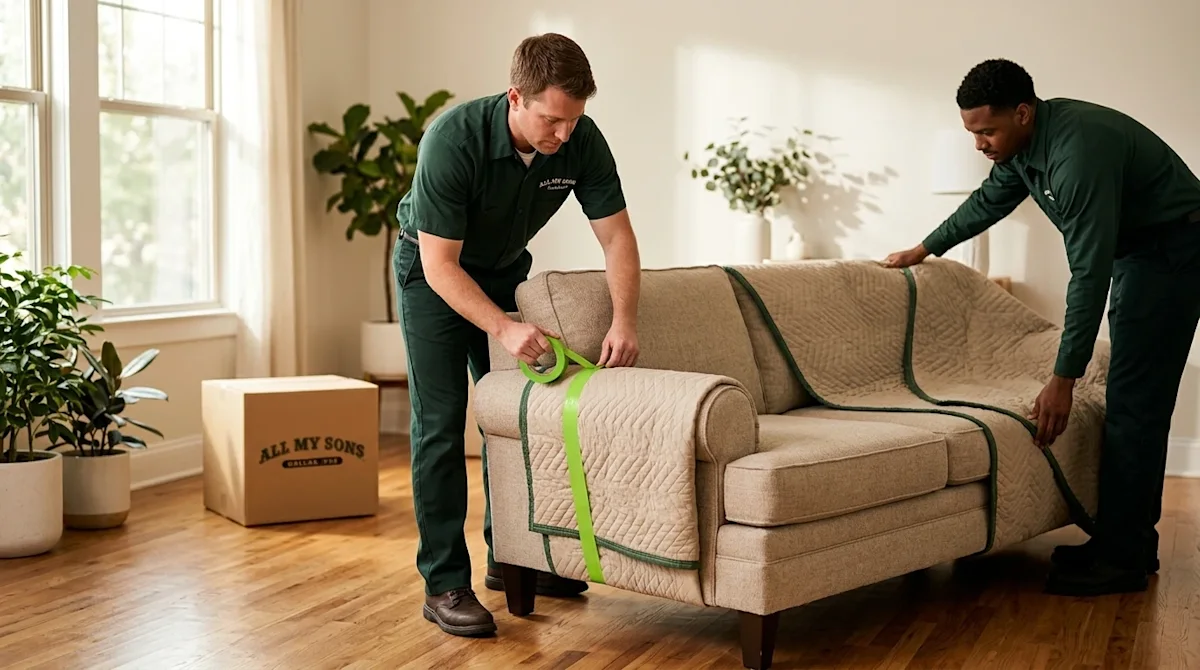 Clear, professional marketing photography of a living room scene demonstrating expert couch moving tips. Two professional mov