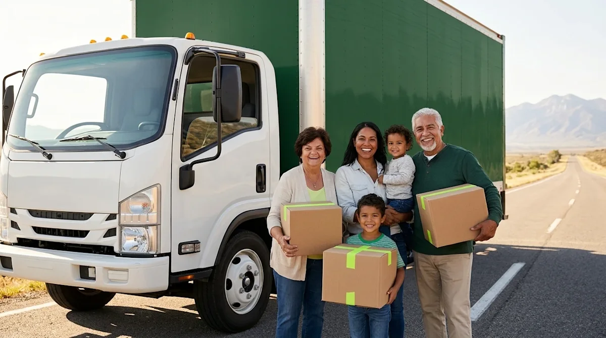 Clear, professional marketing photography of a happy family standing next to a large moving truck, preparing for a long cross