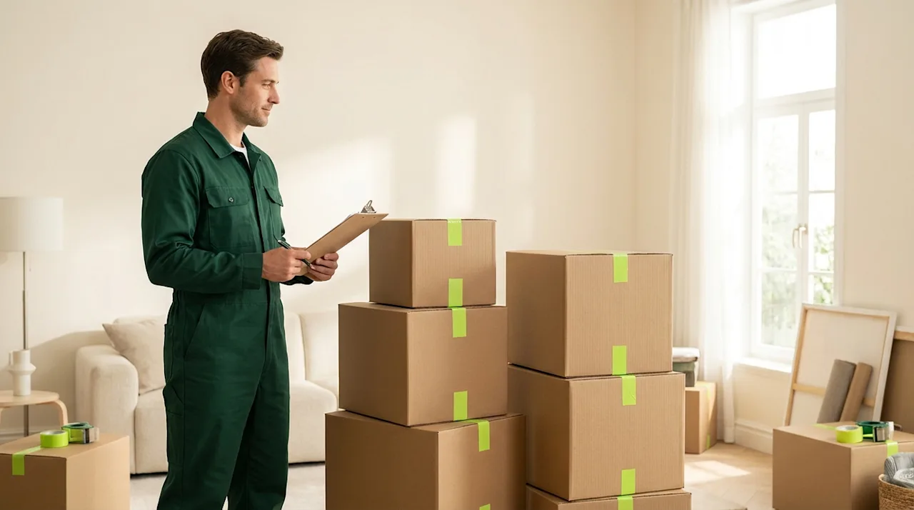 Professional mover in green uniform reviews a checklist by stacked boxes in a bright, minimalist room.