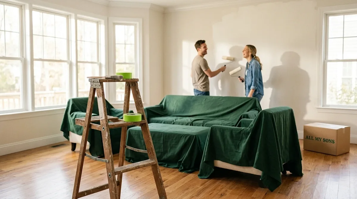 Clear, professional marketing photography of a bright, naturally lit home living room in the middle of a home renovation. The