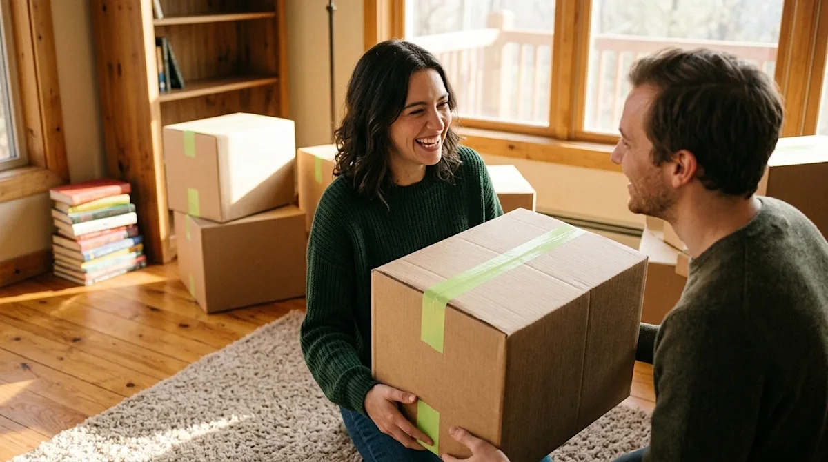 A candid, photorealistic lifestyle photograph of a happy, relaxed couple experiencing a completely stress-free moving day ins