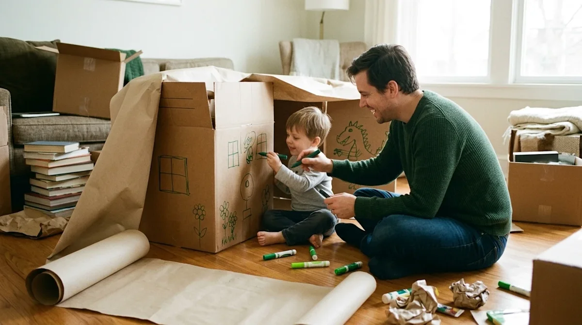 A candid, heartwarming lifestyle photograph of a family creatively reusing moving supplies in their newly unpacked home. A pa