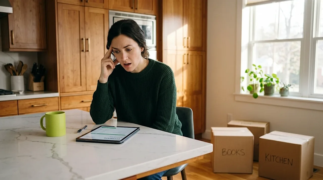 Professional lifestyle marketing photography, eye-level medium shot. A thoughtful homeowner sitting at a kitchen island in a