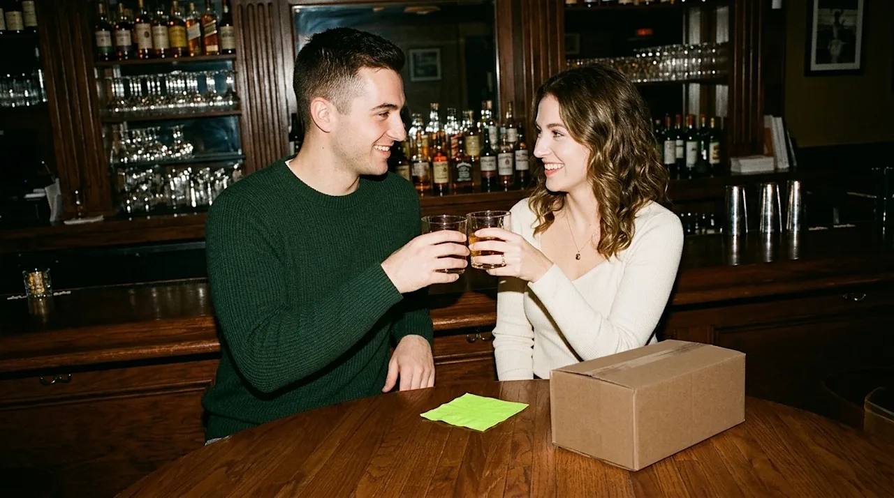 Candid 35mm film photography of a cozy, warmly lit classic bar interior. A young couple is sitting at the wooden bar counter,