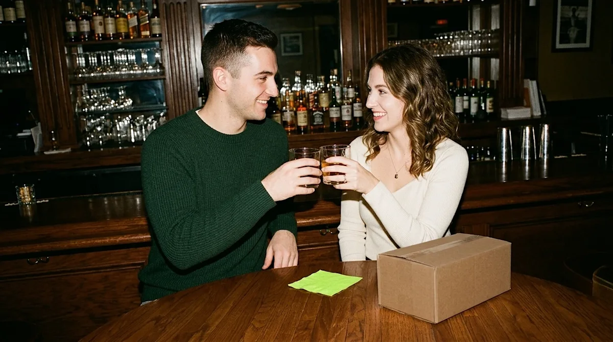 Candid 35mm film photography of a cozy, warmly lit classic bar interior. A young couple is sitting at the wooden bar counter,