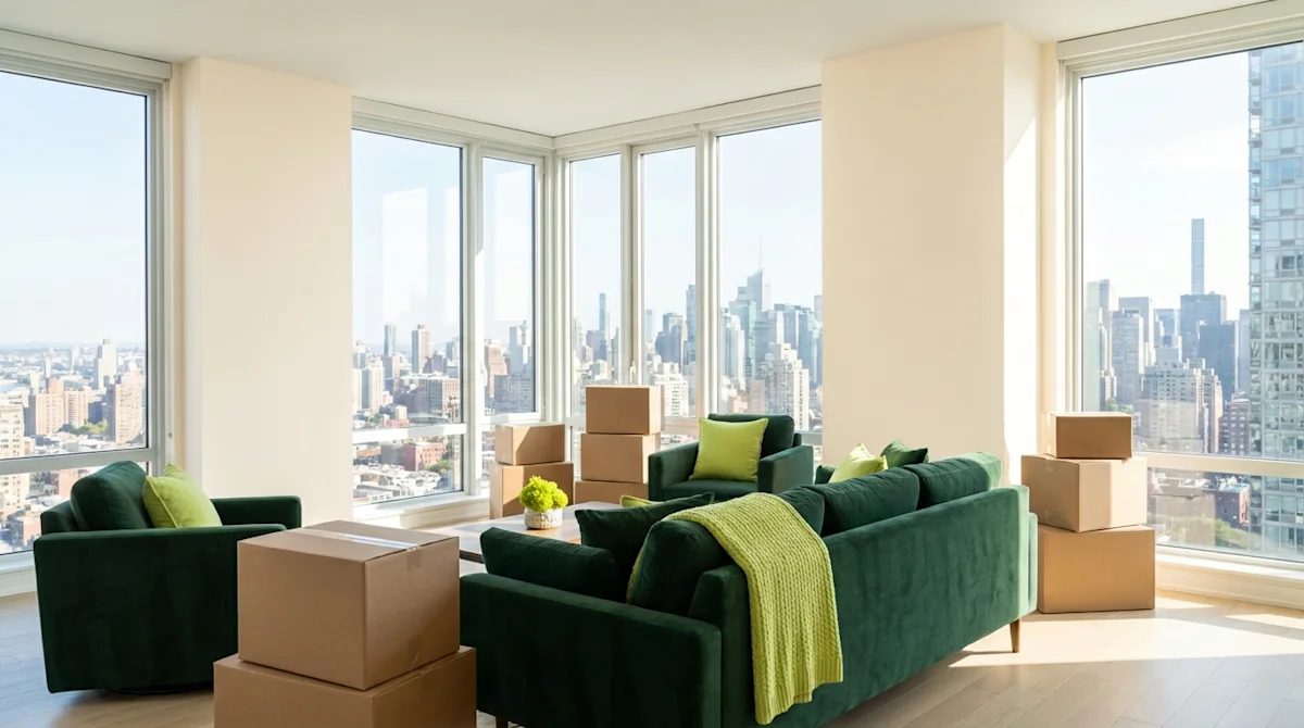 Modern high-rise living room with green furniture and cardboard boxes overlooking a city skyline.