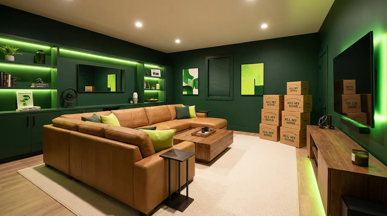 Modern dark green man cave with a tan leather sofa and stacked All My Sons cardboard moving boxes.