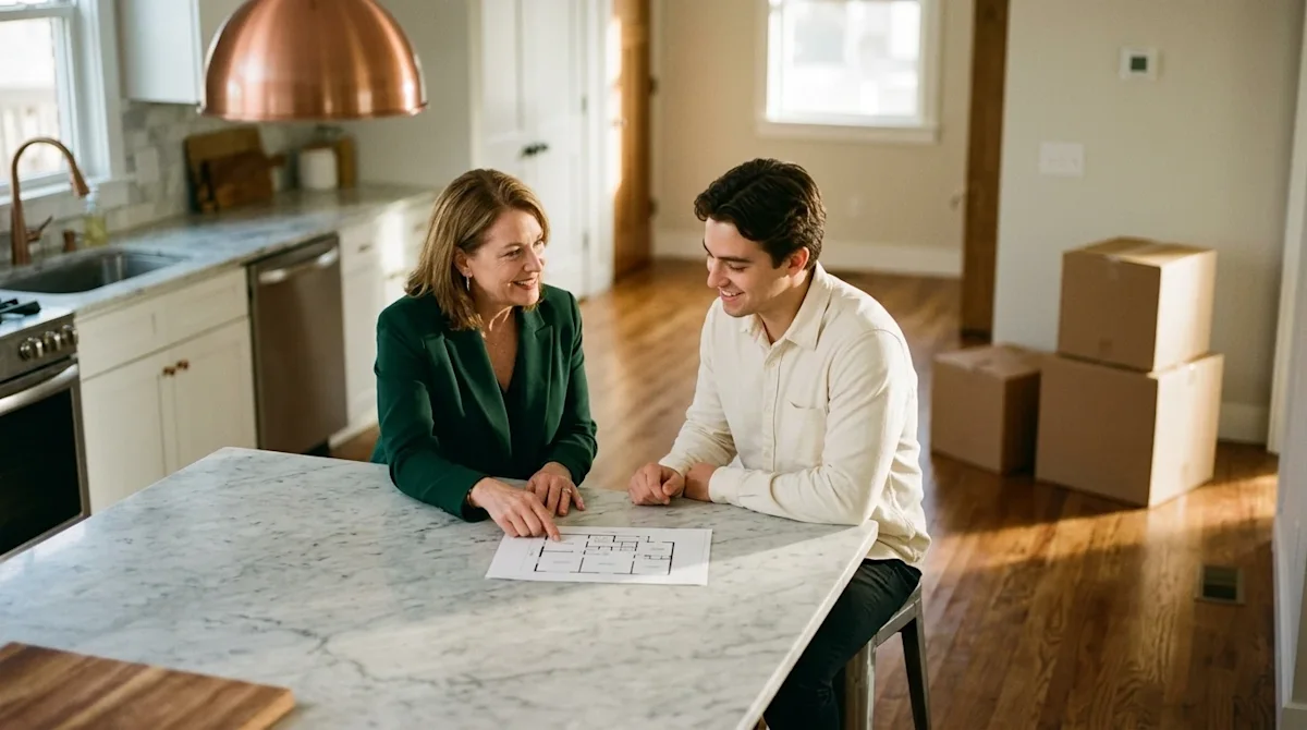A candid, photorealistic lifestyle photograph illustrating the real estate process, featuring two professionals—an experience
