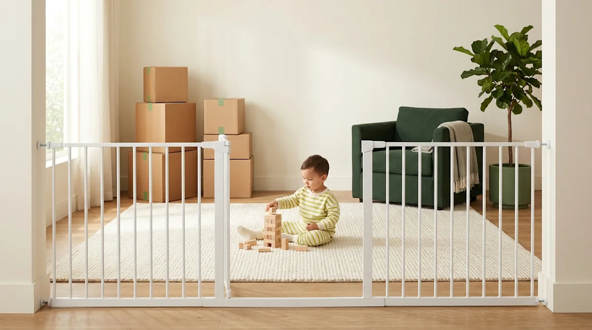 A toddler playing safely behind a baby gate in a new home with moving boxes, showcasing a stress-free family move.