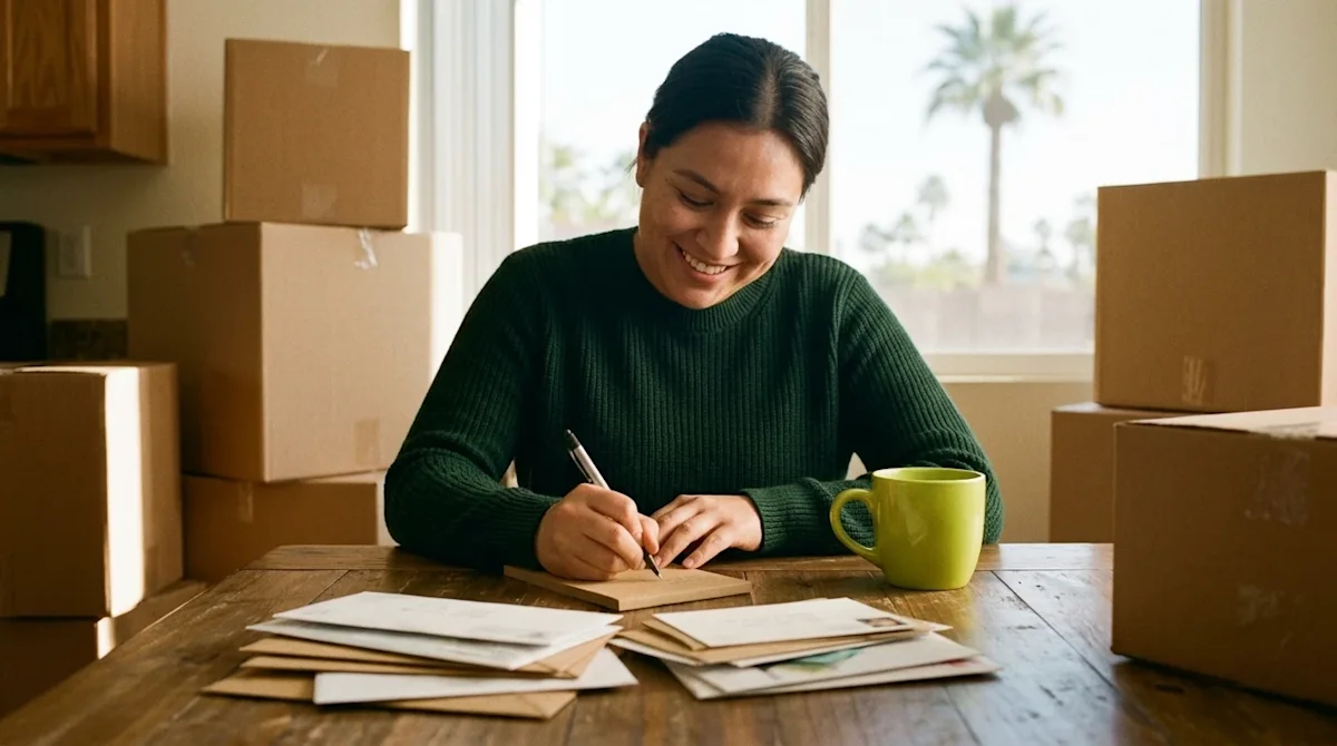 Candid lifestyle photography of a smiling person sitting at a rustic wooden kitchen table, surrounded by neatly stacked cardb