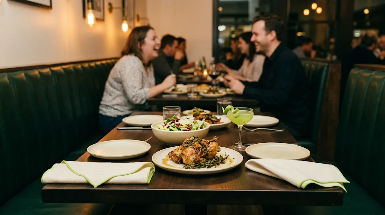 Documentary-style lifestyle photography of a warm, inviting local restaurant setting to represent a city dining guide. The sc