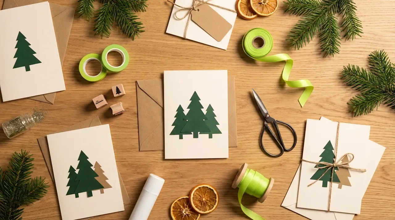Overhead flat-lay of DIY Christmas card crafting with forest green trees, lime ribbon, and kraft paper on a wooden surface.